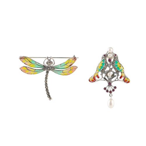 TWO SILVER PLIQUE A JOUR BROOCHES, one modelled as a dragonf...