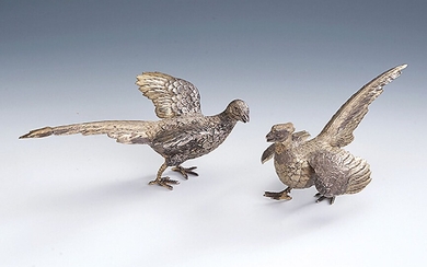 Table decoration: Pair of fighting pheasants , silver...