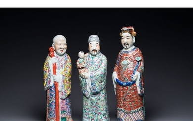 Three Chinese famille rose figures of star gods, seal marks,...