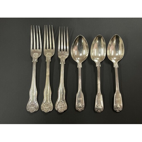 Three large antique sterling silver forks, (21cm long) each ...