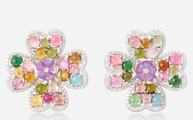 Tourmaline, pink sapphire, and diamond flower earrings