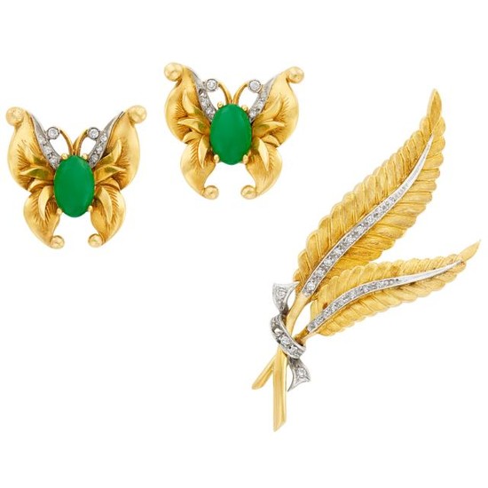 Two-Color Gold and Diamond Leaf Brooch and Pair of Gold, Jade and Diamond Butterfly Earclips