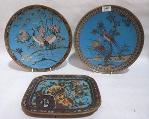 Two Japanese cloisonne enamel chargers, 12' diam and a recti...