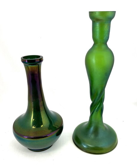 Two iridescent art glass items