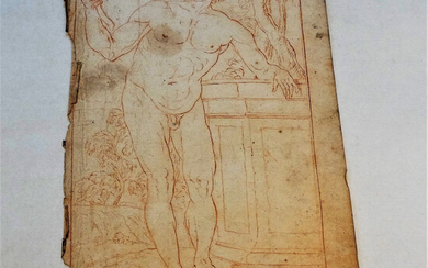 UNBEKANNTER KÜNSTLER. Study of a man leaning on a column, red chalk drawing, 18th century.