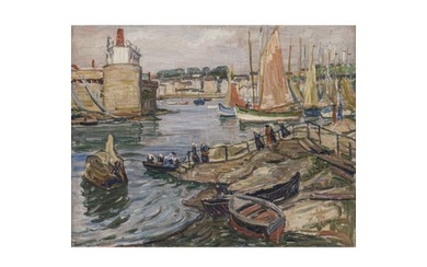 Unbekannt - Harbor scene with nuns and sailing boats. 1928