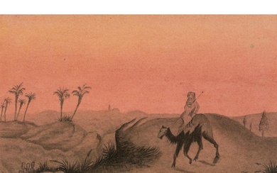Unknown (19th), Bedouin on a camel at dawn, around 1890, Pencil