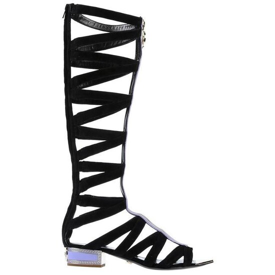 VERSACE Black Suede Knee Sandal Gladiator Boots