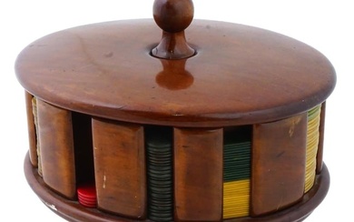 VINTAGE POKER SET IN AN OVAL WOODEN CONTAINER