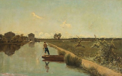 Ignoto fine XIX - inizio XX secolo, Veduta lacustre con barcaiolo