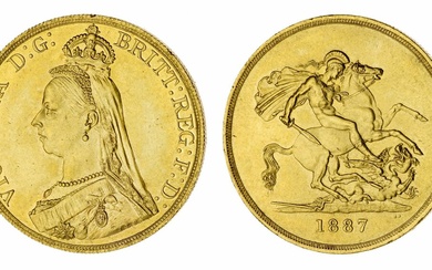 Victoria (1837-1901), 'Golden Jubilee' Five-Pounds, 1887, 'Jubilee Head' left, rev. St George a...
