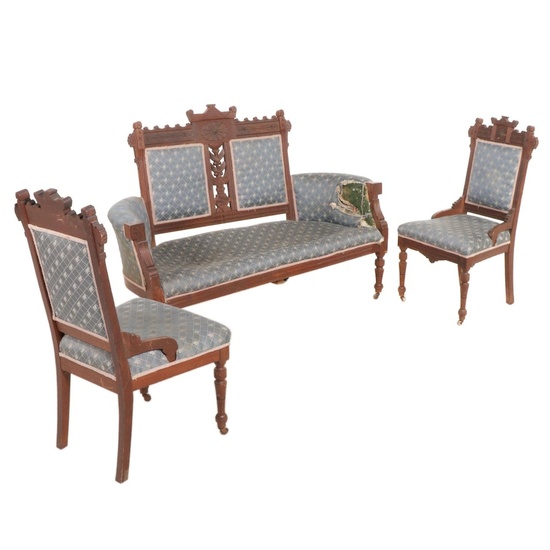 Victorian Walnut Settee and Two Parlor Chairs, Late 19th Century