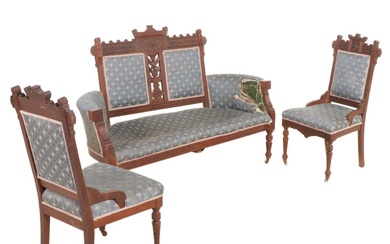 Victorian Walnut Settee and Two Parlor Chairs, Late 19th Century