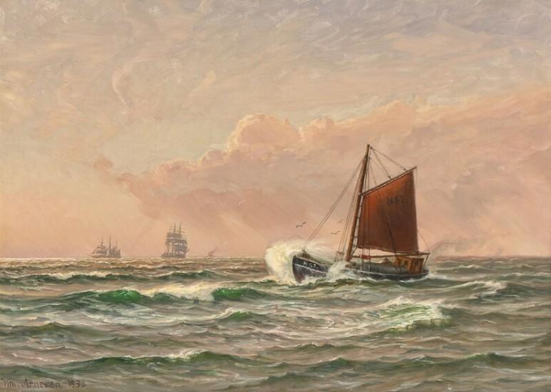 Vilhelm Arnesen: Seascape with a fishing vessel and sailing ships in evening light. Signed and dated Vilh. Arnesen 1930. Oil on canvas. 72×98.5 cm.