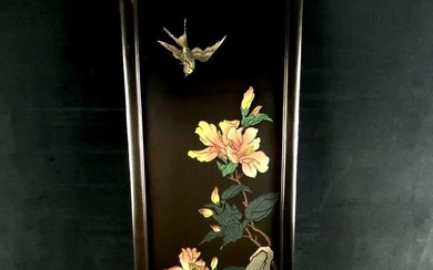 Vintage Chinese Signed Black Lacquer Hand Painted Carved Bird Wall Panel #3