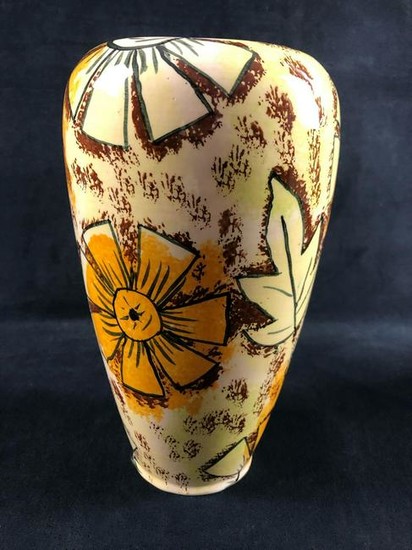 Vintage Hand Painted Vase Flowers Leaves Brown Yellow