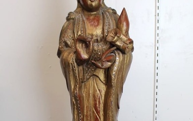 Vintage Hard Wood Thai Bodhisattva Artisan Carved Figurine Statue