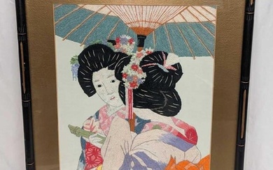Vintage Japanese Embroidery Geisha Girls Textile Picture