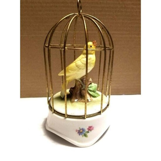 Vintage Porcelain Bird In Cage Music Box