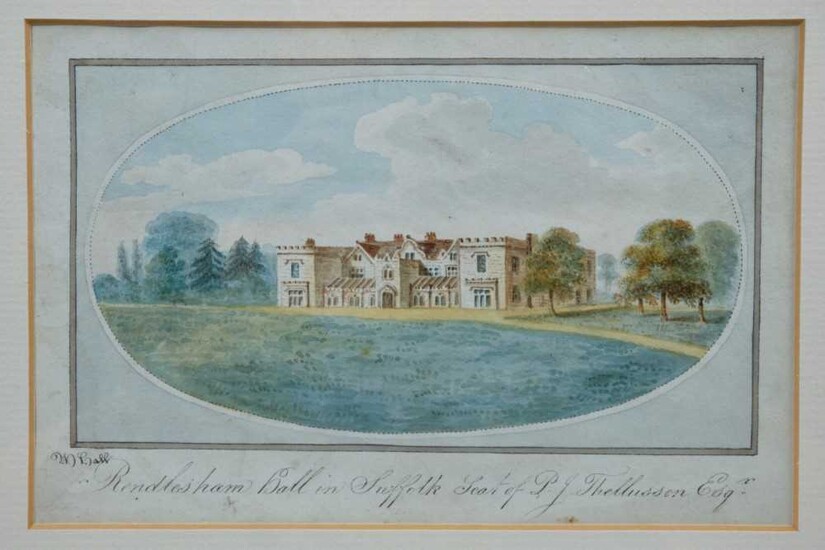 W. Hall (early 19th century) watercolour titled ‘Rendlesham Hall in Suffolk’ signed