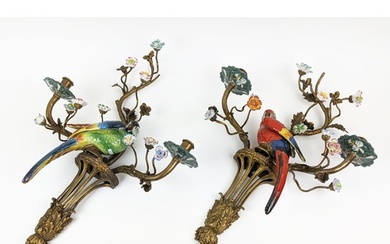 WALL SCONCES, a pair, parrot design, ceramic and gilt metal,...