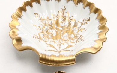 White and Gold Limoges Porcelain Shell Bowl with Miniature Plate, 20th Century