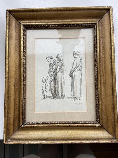 SOLD. Wilhelm Marstrand: Study of three women and children. Signed Marstrand. Pen on paper. Frame size 28 x 23 cm. – Bruun Rasmussen Auctioneers of Fine Art