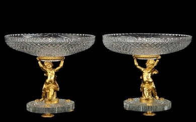 Wonderful Pair Dore Bronze Cherubs Putti Scalloped Crystal Compotes Centerpieces