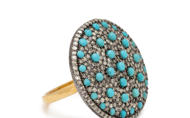 YELLOW GOLD, SILVER, TURQUOISE, AND DIAMOND RING