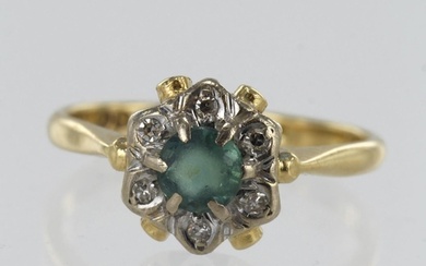 Yellow gold (tests 18ct) diamond and emerald cluster ring, o...