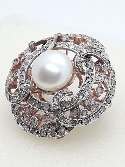 14 kt. Freshwater pearl, Pink gold, Silver - Ring - 2.70 ct Diamond