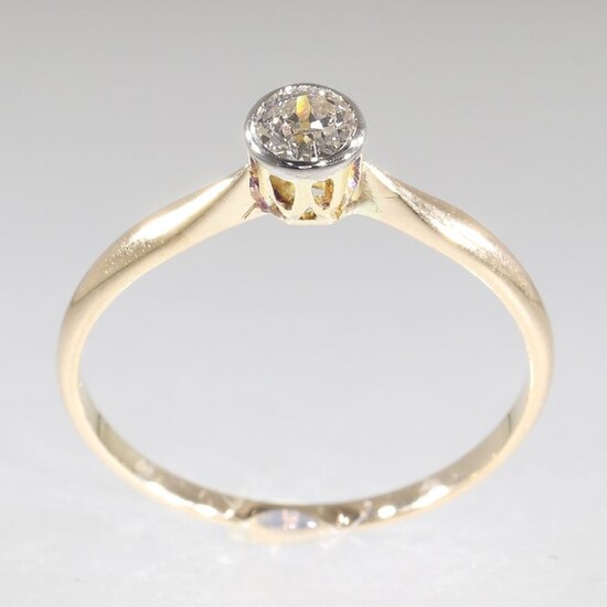 14 kt. White gold, Yellow gold - Ring, Solitair, Vintage 1920's Art Deco - 0.25 ct Diamond - Natural (untreated), Free resizing*