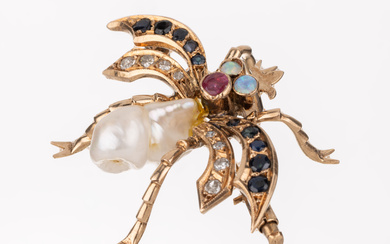 14 kt gold diamond-coloured stone-pearl-brooch"bug" , YG 585/000 tested, presentation...