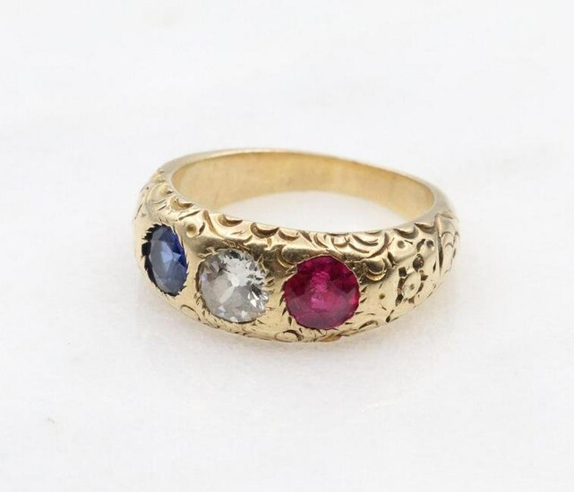 14KY Gold Red White and Blue Gemstone Ring