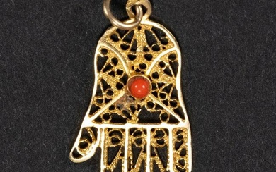 14k Gold Hamzha with Round Red Coral Pendant