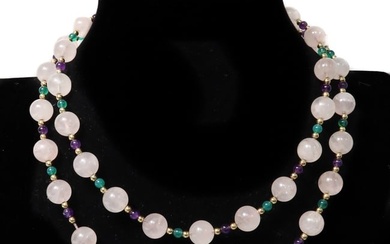 14k Yellow Gold Rose Quartz, Amethyst, and Emerald Beaded Necklace