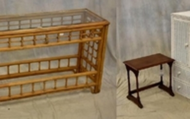 White wicker high chest, 2-tier bamboo glass top