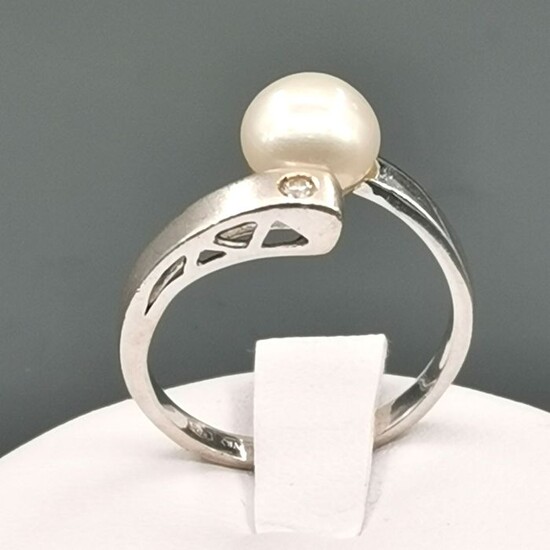 18 kt. Akoya pearl, White gold, 7.7 mm - Ring Pearl - Diamond