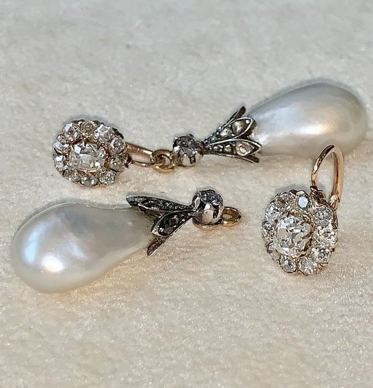 18 kt. Pink gold, White gold, Certified Natural (Fine) pearls- Earrings - Saltwater Ø 11,75x18mm & Ø 11,95x19mm - Diamond