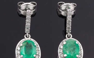 18 kt. White gold - Earrings - 1.64 ct Emerald - Diamonds