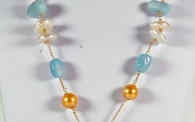 18 kt. Yellow gold - Necklace with pendant Aquamarine - Pearls