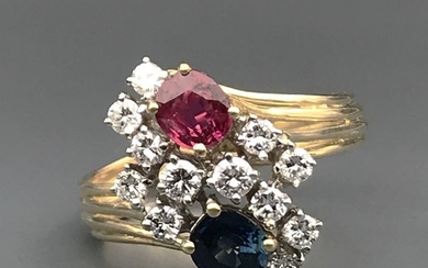 18 kt. Yellow gold - Ring - 0.72 ct Diamond - Ruby, Sapphire
