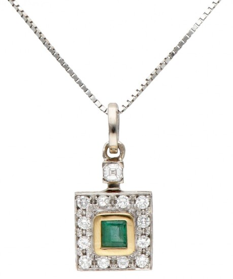18K. White gold necklace and bicolor gold pendant set with approx. 0.65 ct. natural emerald...