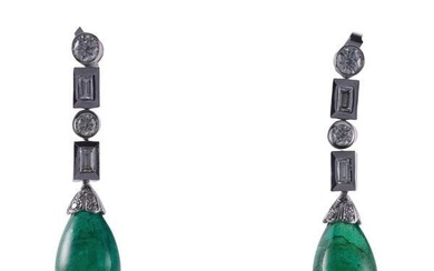 18k Gold Emerald Cabochon Diamond Drop Earrings