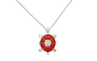 18kt white gold with coral and diamonds turtle shaped pendant