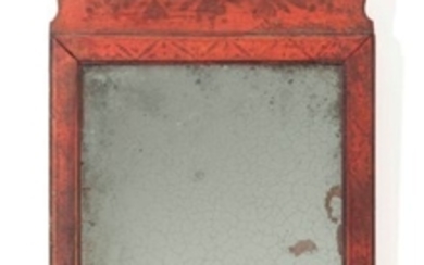 A RED-PAINTED AND STENCILED PINE LOOKING GLASS, 19TH CENTURY