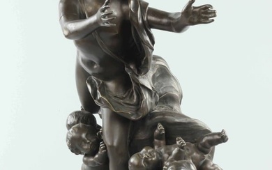 19th century dark brown patina bronze group sculpture, by Clodion, signed