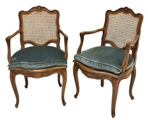 (2) FRENCH LOUIS XV STYLE WALNUT CANED FAUTEUILS