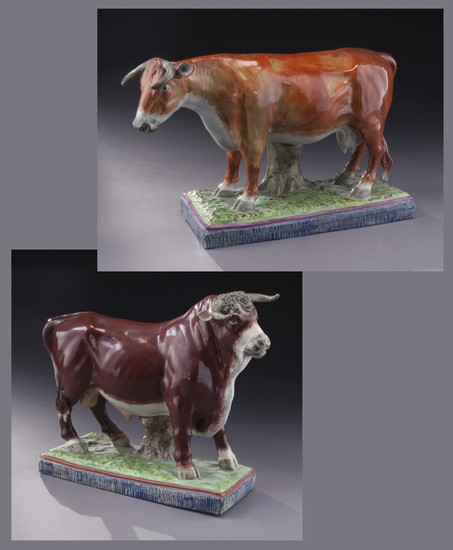 (2) Obadiah Sherratt Staffordshire figural bovine