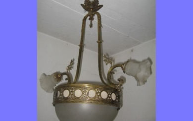 2-arm Art Nouveau ceiling chandelier with central satin glass bowl...